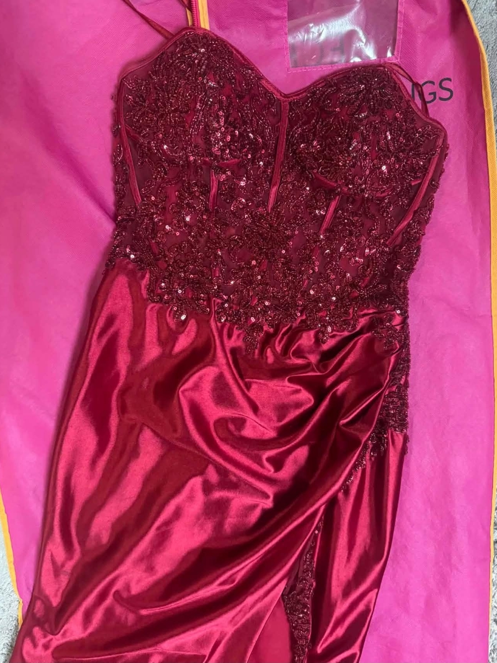 Beaded Satin Burgundy Strapless Evening Dress